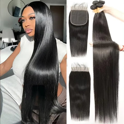 Bone Straight Human Hair Bundles with Closure Vietnamese Virgin Hair Weaves Straight Bundles with 4x4 Lace Closure For Extension