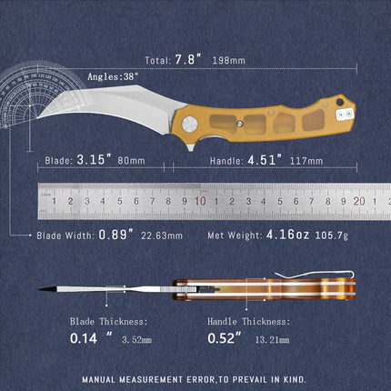 Shooziz-HAN308,Pikal Pocket EDC Knife for Men , Hawkbill Folding Knife & Ultem/G10 Handle，3.15"14C28N Steel Flipper Blade