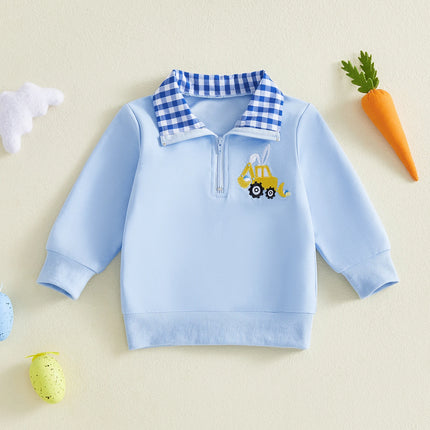 Kids Sweatshirt Long Sleeve Turn-down Collar Plaid Embroidery Hoodie Pullover Easter Clothes for Boys Girls