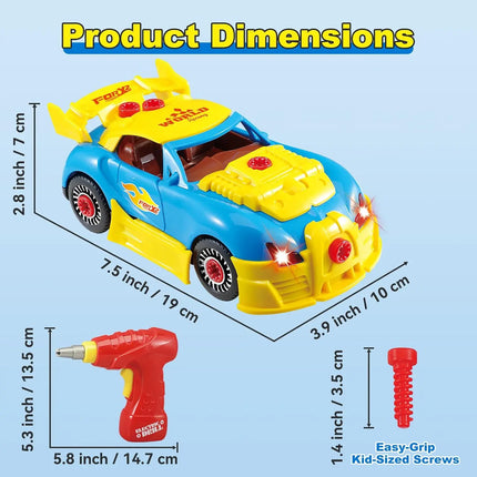 30Pcs Take-Apart Racing Car Building Toy, Electric Screwdriver with Lights & Sounds, DIY Gift Set for Boys 3-5 with Extra Screws