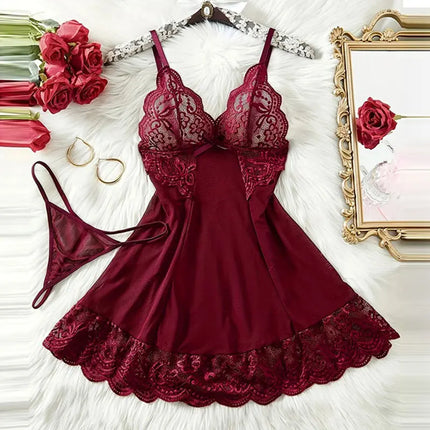 Lingeries Sexy Hot Set V-neck Bra Thong Nightgown With Panties Transparent Ultra-thin Summer Underwear Pajamas Woman Sleep Dress