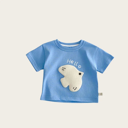 2026 New Summer Kids Clothes Cute Cartoon Patch Short Sleeve T-shirt 0-5Y Girls Boys Letter Print Casual Soft Undershirt