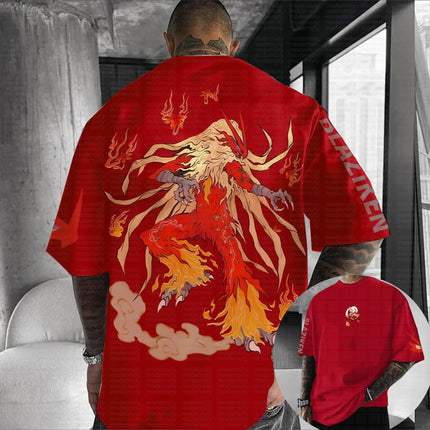 2026 Summer New Pokemon Cotton T Shirt Blaziken Back Print Red Flame Effects Design Loose Fit Men Women Casual Fashion