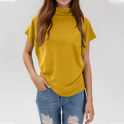 Ladies' New Trendy Fashion Solid Color Soft Turtleneck Top High-End Basic Daily Commute Thin Short Sleeve Pleated Clothing