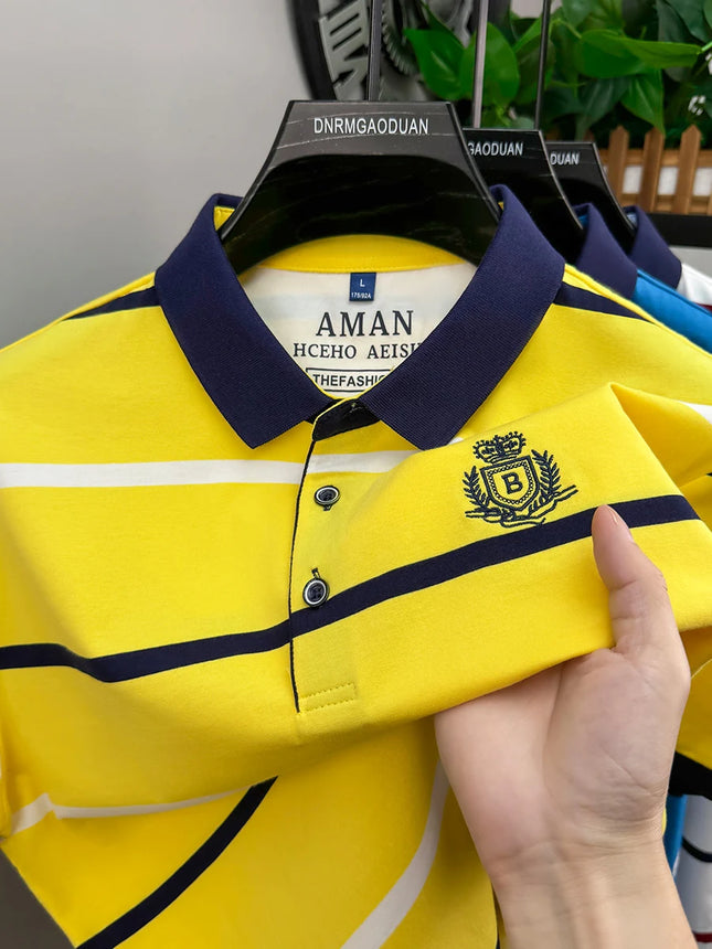 Fashion striped short sleeve men polo shirt summer trend brand letter embroidery design business casual breathable Paul T-shirt