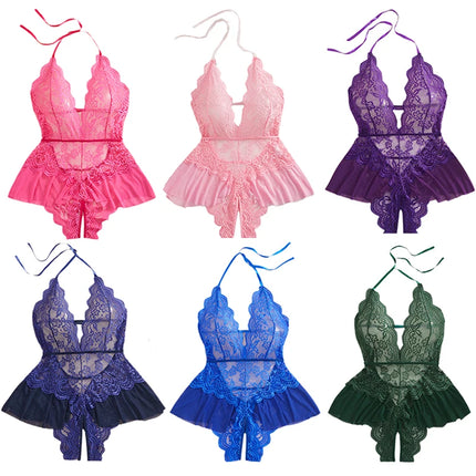 One Piece Crotchless Backless Underwear Transparent Lace Hollow Out Bodysuit Sexy Lingerie For Women Nightgown Erotic Clothing