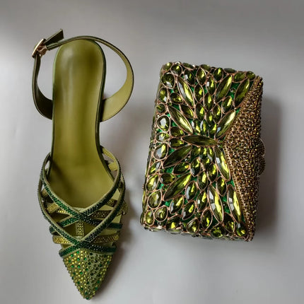 INSIGHTLINK Luxury Olive Green Rhinestones Women's Shoe and Bag Set for Party Wedding Crystals Heeled Pumps and Handbag Sandals