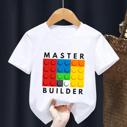 Master Builder Blocks Building Print Cartoon Kids T shirt Girls Summer Tops Baby Boys Clothes Children Short Sleeve T-shirts