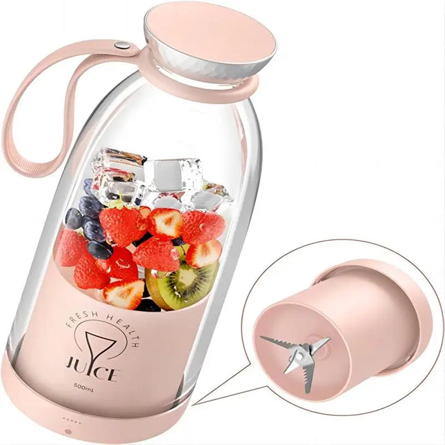 500ml Portable Juicer, Rechargeable Wireless Fruit Mixer, Fresh Juice Bottle Blender, 6 Blades, Food Milkshake Ice Crush Cup, 2400mAh