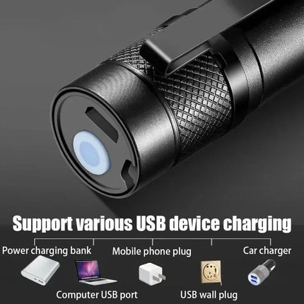 Mini LED Flashlight COB+XPE Portable Torch USB Charging Camping Lantern Zoomable Focus Light Tactical Flashlight with Pen Clip