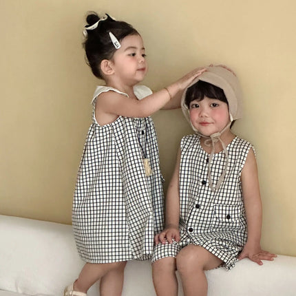 RAISE 2026 Summer Children Outfit Muslin Peter Pan Collar Kids Girls Sleeveless Dress Thin Plaid Tank Top Vest+loose Shorts Suit
