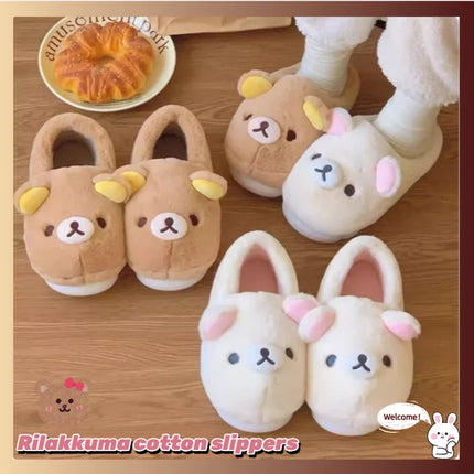 Cute Rilakkuma Unisex Cotton Slippers Warm Indoor Outdoor Anti-Slip Home Shoes Cute Design Winter Wearable for Men And Women