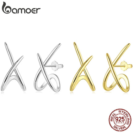 BAMOER 925 Sterling Silver X Stud Earrings for Women, 18K Gold Plated Hypoallergenic Earrings Chic Jewelry Gift for Daily Wear