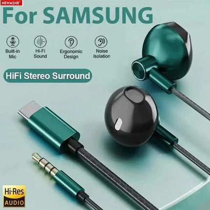 9D Bass Stereo Type C&3.5mm Headphones Volume Control Headset With HD Mic Wired Earbuds For iPhone15/16 Samsung Galaxy Earphones