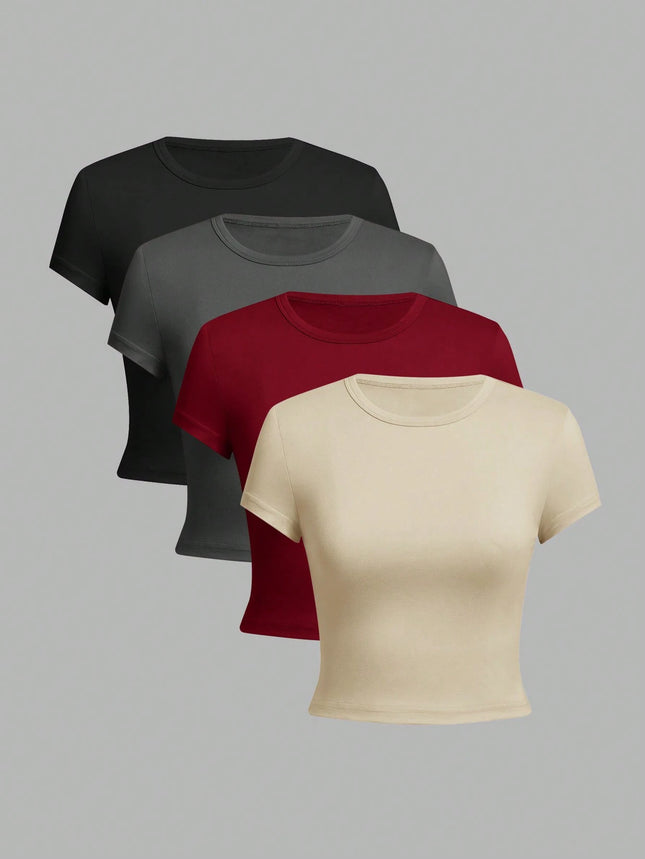 4 pieces Solid color basic short sleeved tight fitting T-shirt for women's casual summer minimalist women's style top O-neck