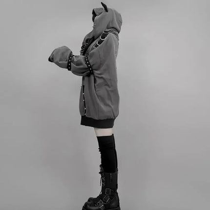 Streetwear Harajuku Hoodies Jackets Women's Clothing Hooded Punk Zipper Coat Japanese Rivet Print Fashion Casual Y2k Sweatshirts