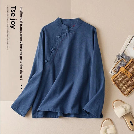 Retro Artistic Women's Long Sleeve Cotton Linen Loose Slim Fit Shirt Stand Collar Side Button Geometric Pattern Elegant Style
