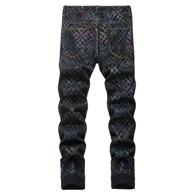 Men's Black Jeans for Spring and Fall, Checkered Print Pants, Stylish Casual Trousers, Asian Sizes 28–42.