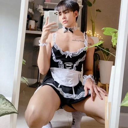 Mens Sexy Sissy Plus Size Lingerie Set Man Cosplay Maid Outfit Lace Suspender Skirt Roleplay Crossdresser Gay Fetish  Cosplay 18