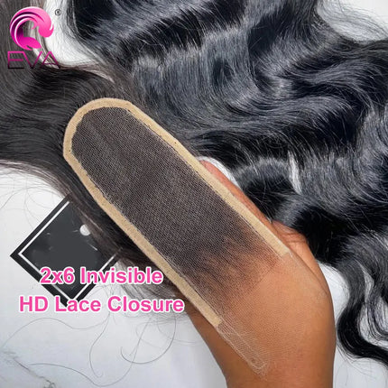 Eva Hair HD Lace 2x6 HD Lace Closure Melt Skins Invisible HD Lace Frontal Only Straight & Body Wave Human Hair Closure For Women