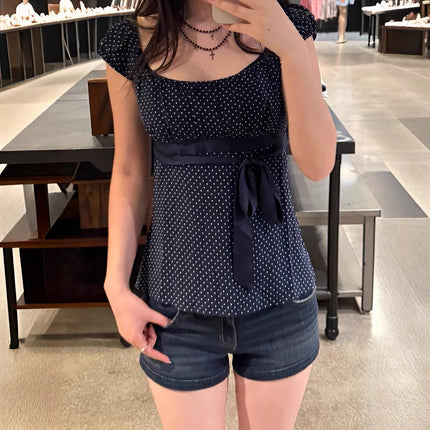 Women Summer Fairy Grunge Y2k Babydoll Shirts Cap Sleeve Micro Polka Dot Tie Back Flowy Slim T-shirts Tops Preppy Clothes