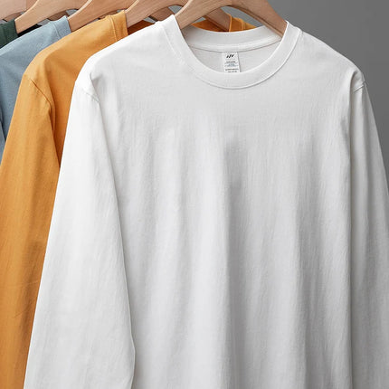 DUKEEN Men's 260G Long Sleeve T Shirts 2025 Spring Pure Cotton Solid Color Basic Crew-Neck Undershirt Men's Loose Tops 11 Color