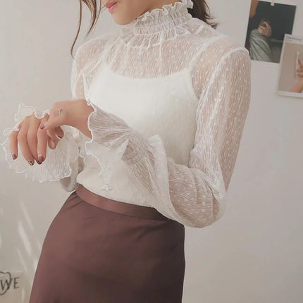 Women's Black Lace Flared Sleeve Slim Fit T-Shirt Long Sleeve Round Neck Base Shirt Fashion Kimono Bottoming Top for Women