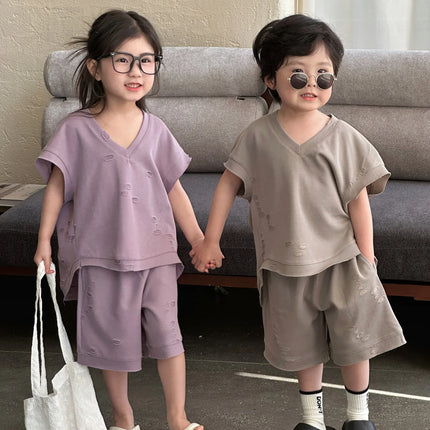 RAISE Summer Brother Sister Clothes Muslin Hollow V-collar Kids Boy Short Sleeve Top Suit Loose Solid Straight Shorts Tracksuits