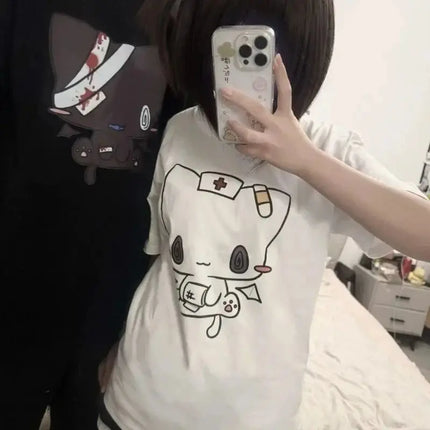 Couple Cute Cartoon Printed Funny Couple Sweet Short Sleeve O Neck Loose Y2k Harajuku Tops Casual Loose Cotton T Shirt Unisex