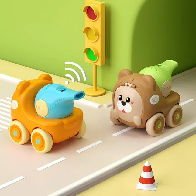 Baby Animal Small Car Toy with Recoil Mechanism Whistle Can Open The Lid To Release Small Items, Inertia Sliding Baby Puzzle Toy