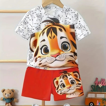 Toddler Tiger Graphic 2-Piece Outfit Set: White Cartoon Tiger T-Shirt + Red Shorts (0-3T) - Cute Kids Summer Casual Clothes