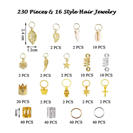 230pcs/set DIY dreadlock set women's braid hair accessories 16 styles of braided hair pendants for long hair braided with box
