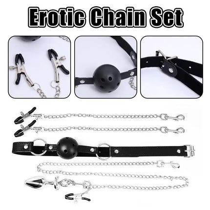 Safe and Comfortable SM Pleasure Set Mouth Plugs Nipple Clamps Anal Plugs Female Pleasure Chains Adult Sex Toys for Women