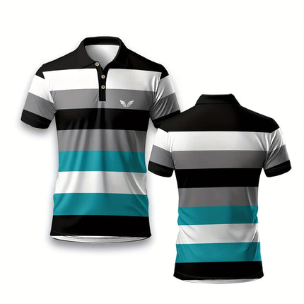 Men's Striped and Wing Printed Casual Short-Sleeved Top, Comfortable Thin and Breathable Short-Sleeved Regular Polo Shirt