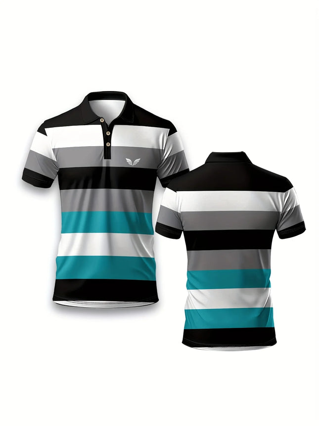 Men's Striped and Wing Printed Casual Short Sleeved Top, Comfortable Thin and Breathable Short Sleeved Regular Polo Shirt