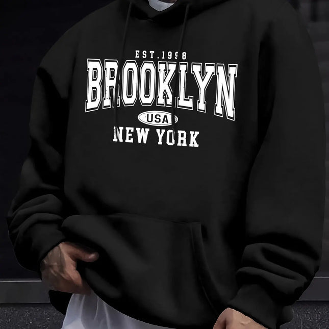 Men's autumn and winter casual fashion loose Brooklyn New York letter printed long sleeved hooded sweatshirt warm pullover