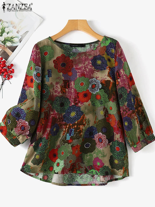 Plus Size Blouses ZANZEA Women Cotton Blouse 2025 Summer Long Sleeve Retro Floral Print Shirts Vintage Office Lady Tops 0XL-5XL