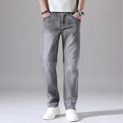 Cotton Stretch Jeans Business Casual Men's Thin Denim Jeans Grey Spring Summer Brand New Fit Straight Lightweight
