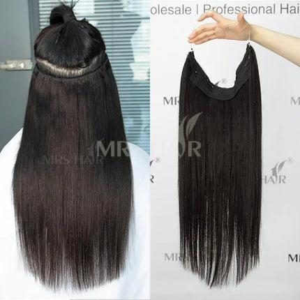 #1 Jet Black Fish Line Wire Hair Extensions Invisible Clip in Human Hair Extensions 4 Clips Real Natural Hair 12-24Inch