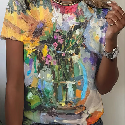 New Spring and Summer Collection! Oil Painting Floral Bottle 3D Printed Personalized T-shirt, Slim and Versatile Top for Women