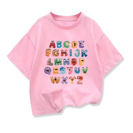 Original Design Creative 26 English Letters Print Tee Tops Boys Girls Short Sleeve T-shirt Summer Kids Clothing