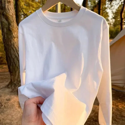 Pure Cotton Long Sleeve White Casual Fashionable Versatile Round Neck Base Layer Top For Spring Autumn/winter Wholesale