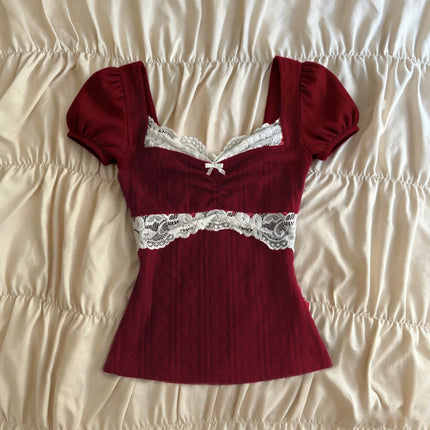 Summer Lace Patchwork Coquette T-shirt Ribbed Knit Slim Fit Milkmaid Tees Women Short Sleeve Y2k Grunge Crop Tops Aesthetic