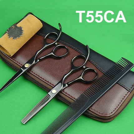 Japan 440C Titanium Qlating Barber Professional Scissors for Hairdresser 5.5 / 6.0 Cutting Thinning Black Hair Scissor Shears