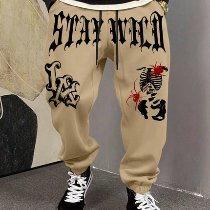 Men's Retro Dark Grunge Gothic Letter Skeleton Graphic Joggers Elastic Cuff Sweatpants Popular Vintage Streetwear Casual Pants