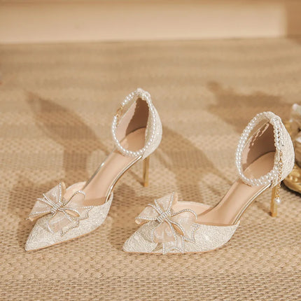 Spring Pointed Toe Party Wedding Shoes for Women, Bride Bow Thick Heel Silver Sequin Fairy Lolita Style Single Shoes