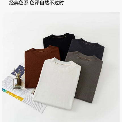 2026 Spring/Summer New Men's Short Sleeved 100% Wool T-Shirt Sweater O-neck Solid Color Loose Knit Pullover Business Casual Tops
