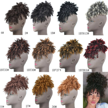 Drawstring Afro Kinky Curly Puff Ponytail Hair Bun with Bangs Synthetic Mini Spring Curl Hairpiece with Clip for Black Women