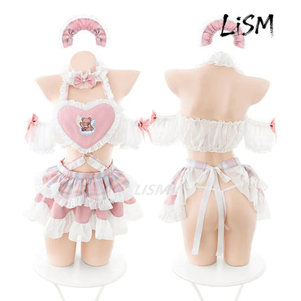 LISM Cute Pink Lolita Maid Costume Sweet Anime Bear Embroidery Lingerie Set for Cosplay Role Play