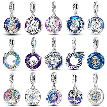 100% 925 Sterling Silver Blue Round Crystal Life Tree Angel Star Moon Pendants Charms Fit 925 Original Bracelets DIY Jewelry